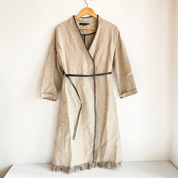 Zara Linen Striped Belted Whipstitch Simple Minimalist Coat  S - Picture 3 of 10
